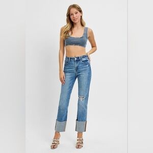 Risen HR Medium Wash Wide Cuff Straight Fit Denim Jeans Long Inseam Various NEW
